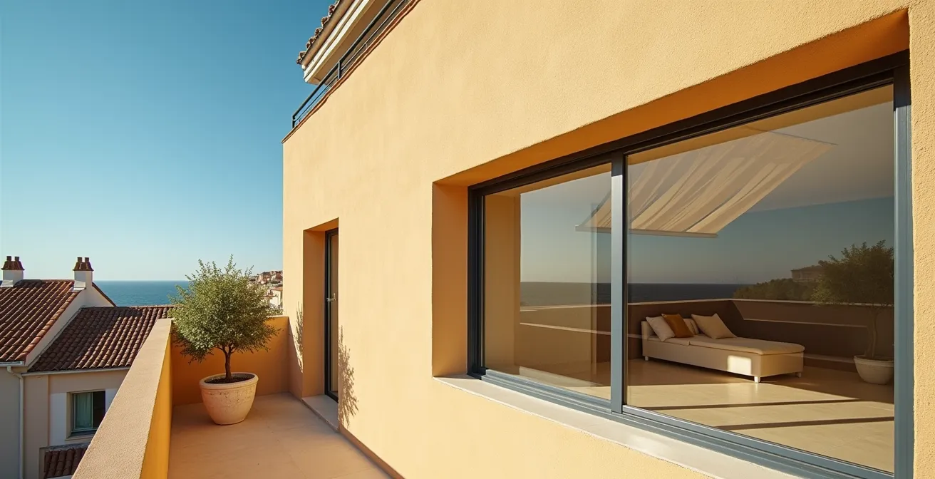 Brise-soleil orientable en aluminium sur une fenêtre de maison française filtrant la lumière du soleil tout en conservant la luminosité naturelle