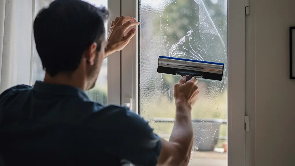 Artisan appliquant un film solaire anti chaleur sur une fenêtre avec raclette