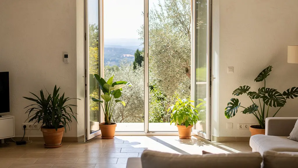 Salon lumineux avec baie vitrée équipée de film anti chaleur et reflets solaires