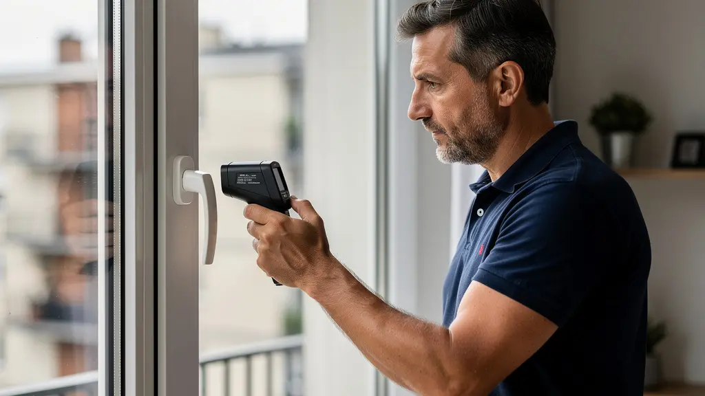 Technicien analysant un vitrage avec appareil de mesure thermique pour film anti chaleur
