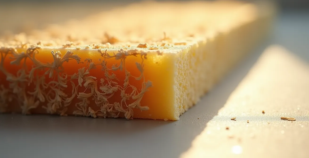 Vue macro détaillée de la texture d'un panneau isolant en fibre de bois montrant sa densité et ses fibres entrecroisées