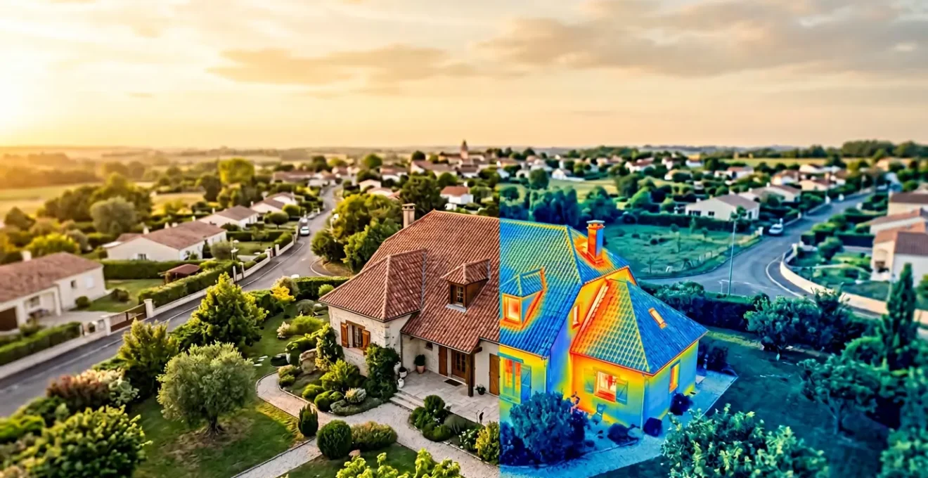 Vue aérienne d'une maison française avec caméra thermique révélant les zones de déperdition