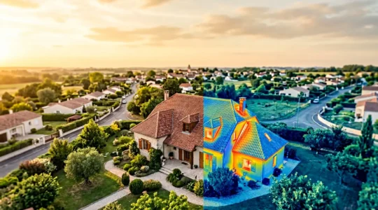 Vue aérienne d'une maison française avec caméra thermique révélant les zones de déperdition