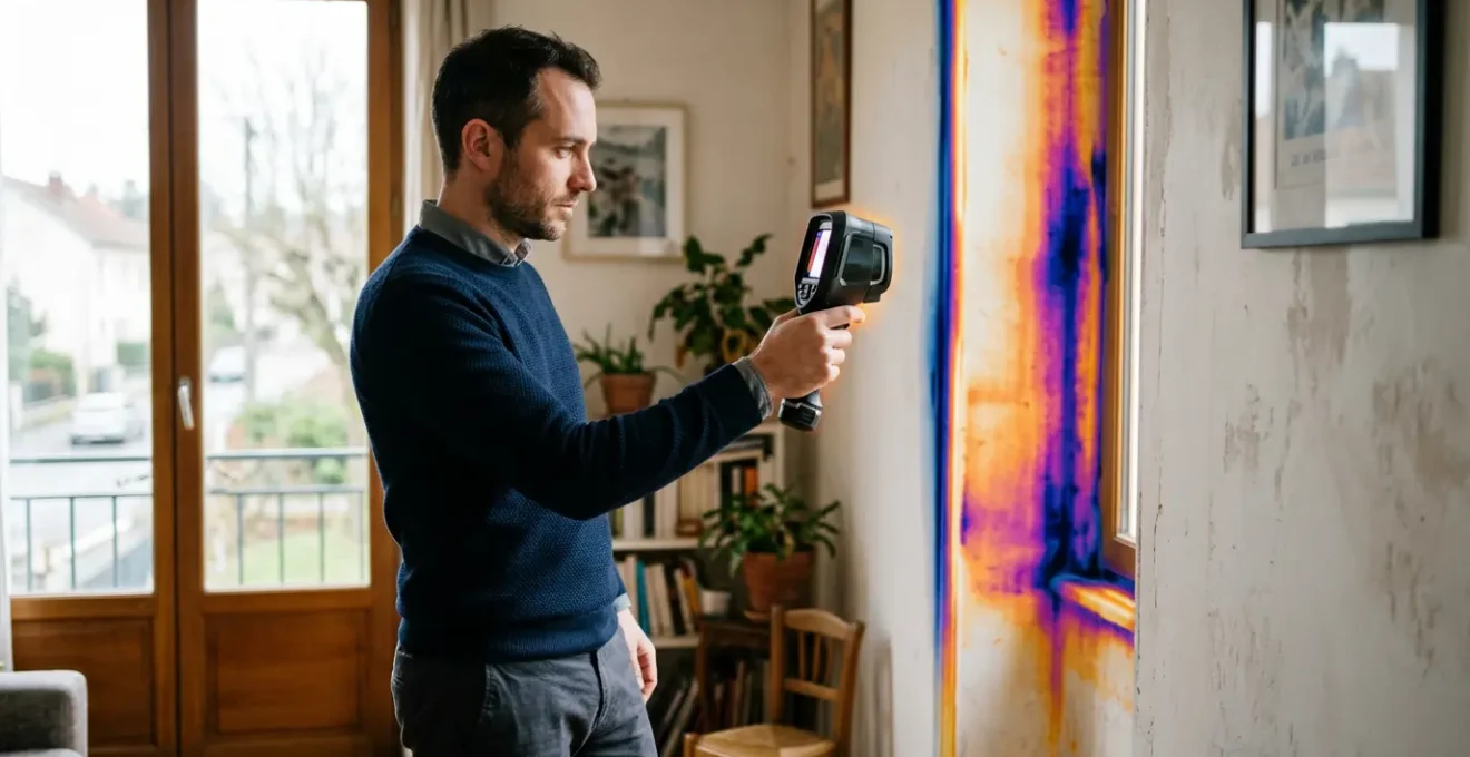 Professionnel réalisant un diagnostic énergétique dans une maison avec caméra thermique