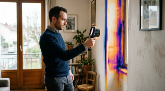 Professionnel réalisant un diagnostic énergétique dans une maison avec caméra thermique