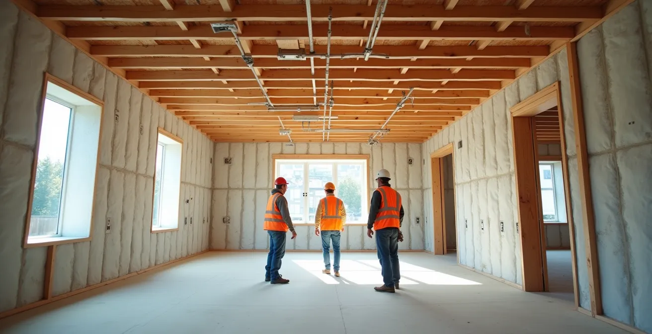 Vue d'ensemble d'un chantier de construction avec équipe réalisant un test d'étanchéité intermédiaire