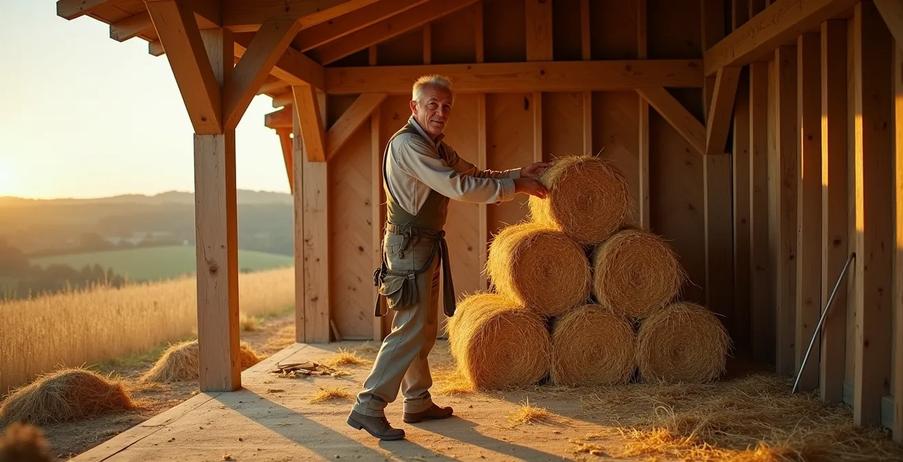 Chantier d'isolation en paille locale montrant la mise en œuvre dans une ossature bois