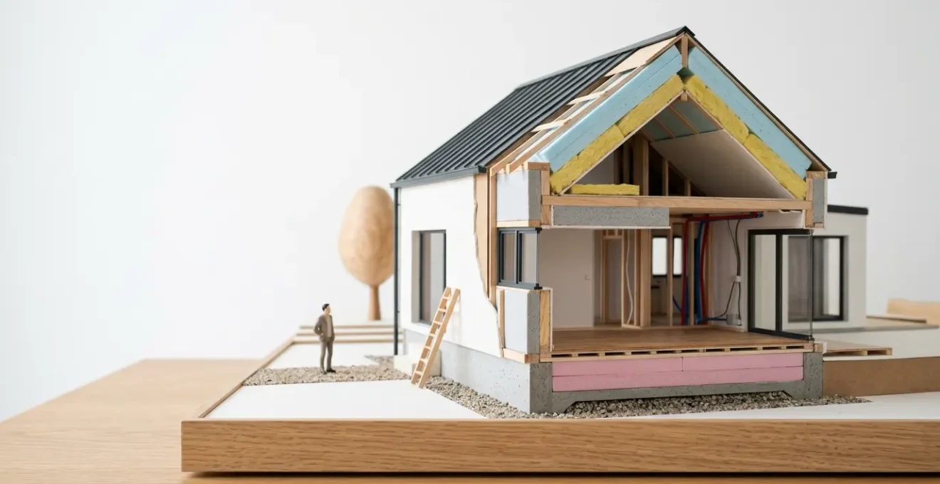 Maison en coupe montrant différentes zones d'isolation avec leurs valeurs de coefficient R recommandées