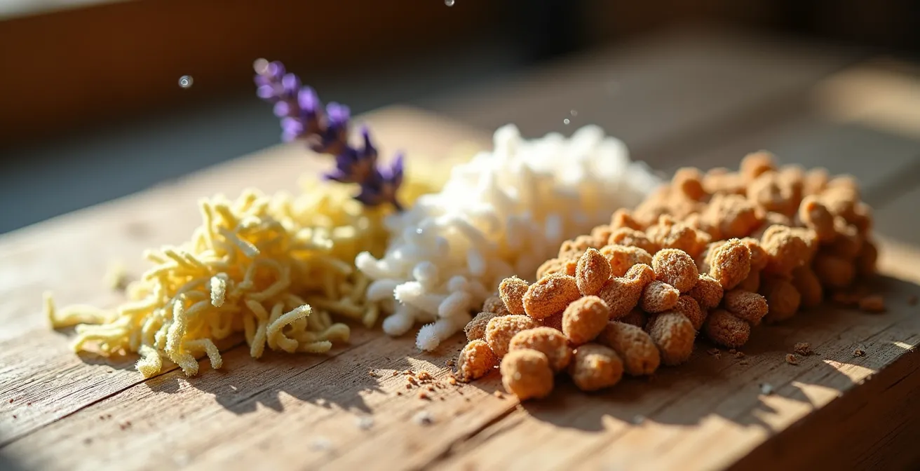 Échantillons de différents isolants biosourcés montrant leur texture naturelle et leur résistance aux nuisibles