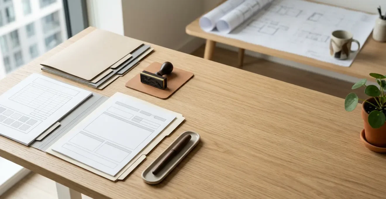 Documents administratifs et formulaires MaPrimeRénov' sur un bureau avec tampon officiel