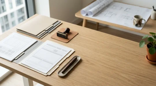 Documents administratifs et formulaires MaPrimeRénov' sur un bureau avec tampon officiel