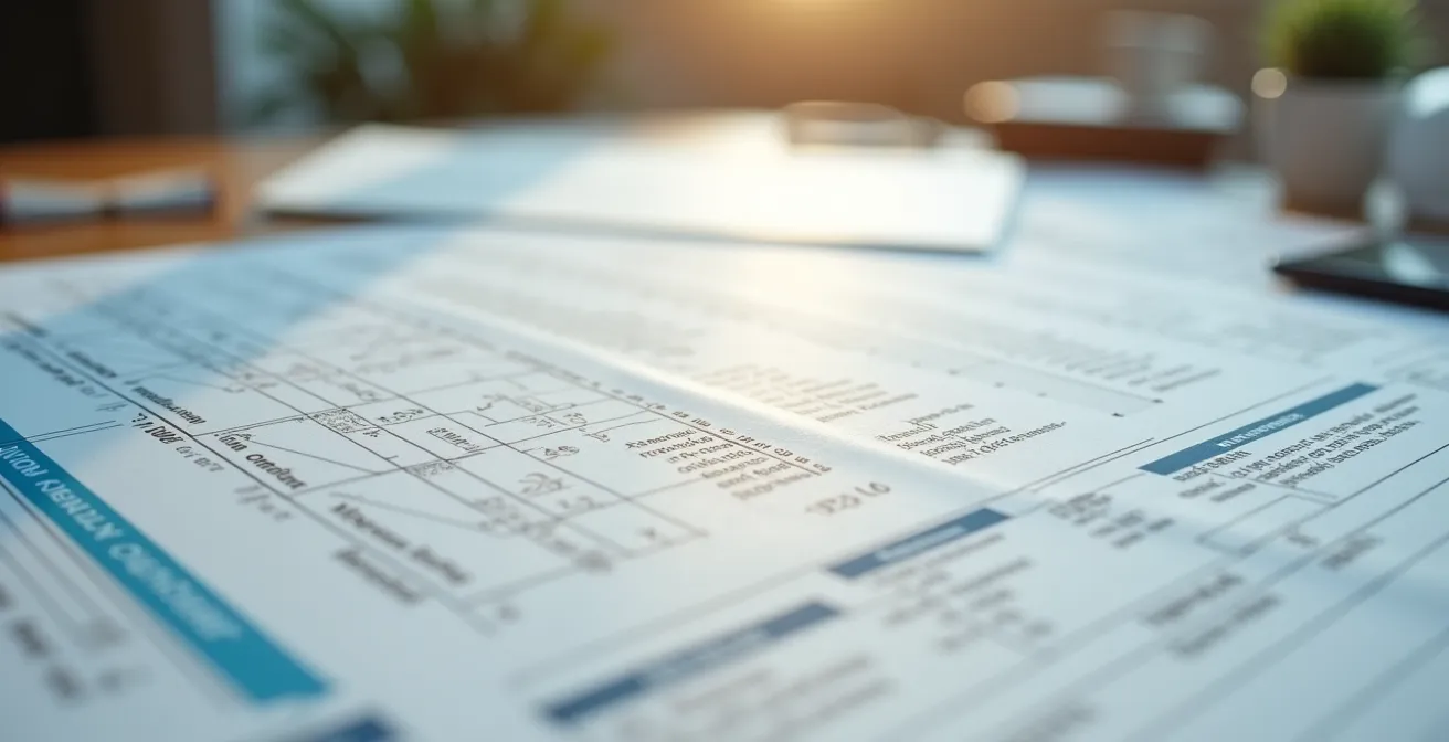 Documents techniques de rénovation organisés sur bureau avec factures détaillées