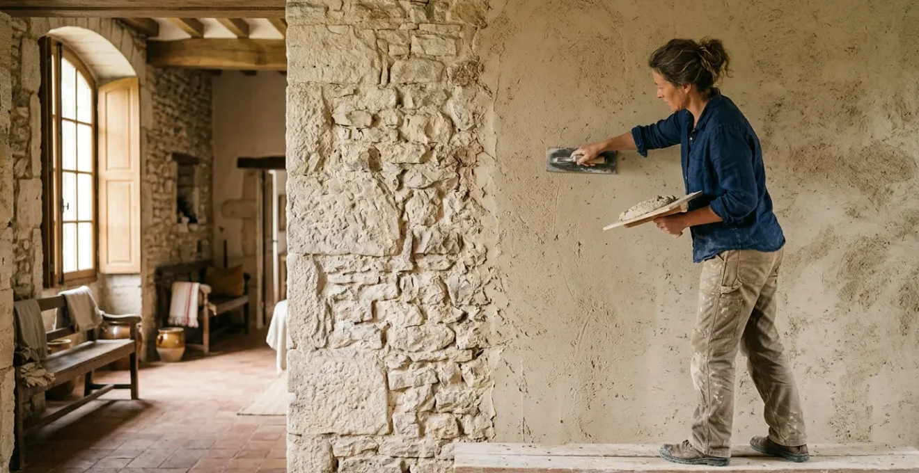 Application d'un enduit chaux-chanvre sur un mur en pierre ancien pour une isolation thermique naturelle