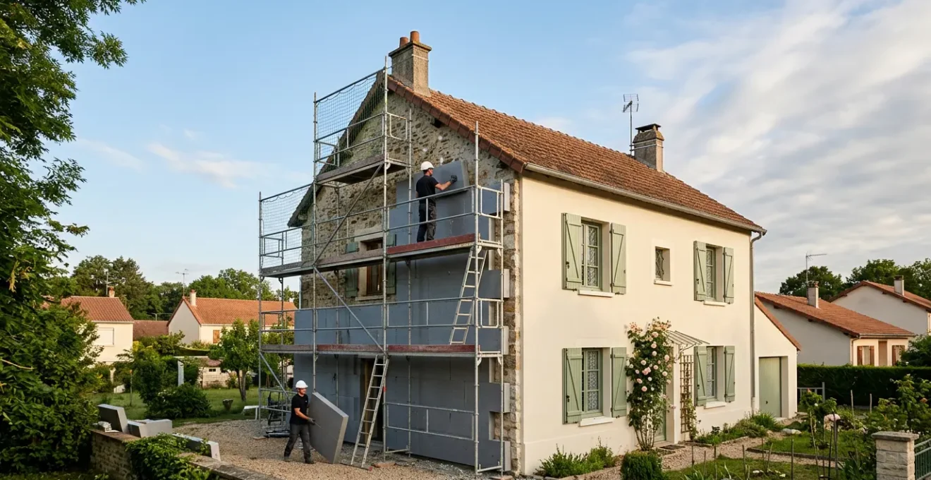 Façade de maison française avec isolation extérieure moderne et équipe professionnelle au travail