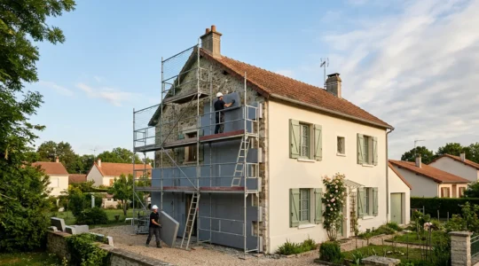Façade de maison française avec isolation extérieure moderne et équipe professionnelle au travail