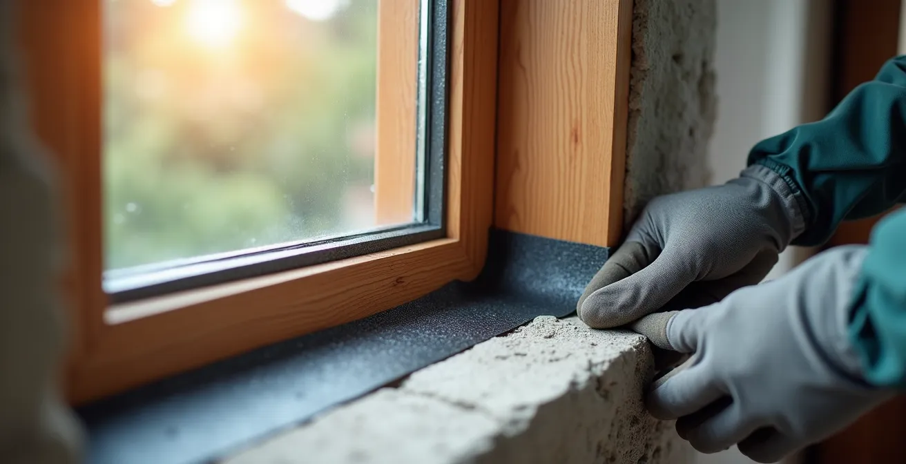 Gros plan sur l'installation d'un compribande autour d'une fenêtre en rénovation