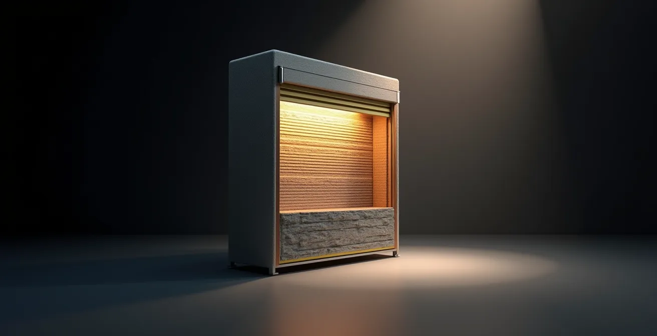 Vue en coupe d'un coffre de volet roulant avec isolation acoustique renforcée