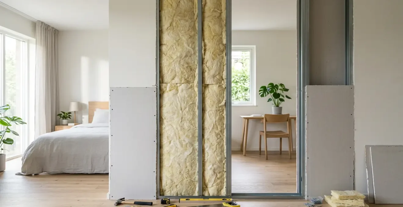 Vue en coupe d'une cloison entre deux chambres montrant les différentes couches d'isolation phonique