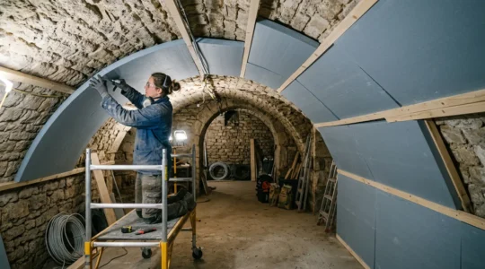 Vue d'un plafond de cave en cours d'isolation avec des panneaux rigides, montrant la transformation d'une cave voûtée en espace isolé