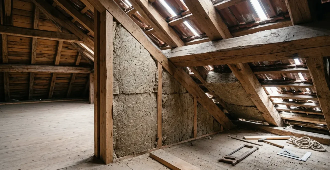 Vue en coupe d'une toiture isolée avec de la laine de bois montrant le déphasage thermique