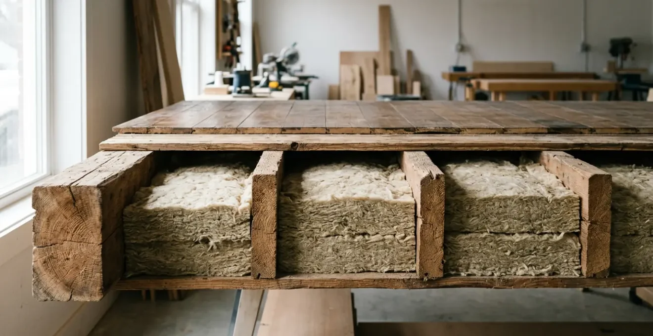 Vue en coupe d'un plancher bois ancien avec solives apparentes et matériaux d'isolation acoustique