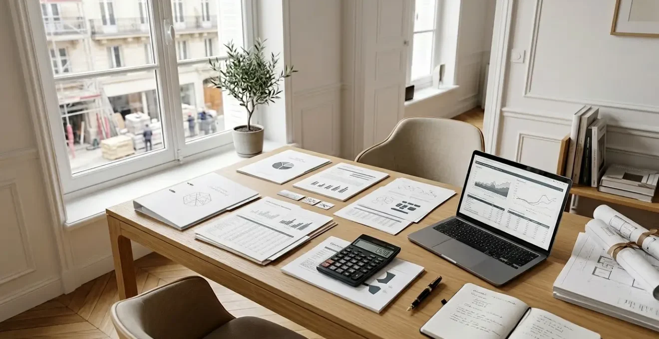 Scène représentant la comparaison des primes CEE avec des documents financiers et une calculatrice dans un bureau lumineux