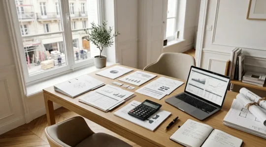 Scène représentant la comparaison des primes CEE avec des documents financiers et une calculatrice dans un bureau lumineux