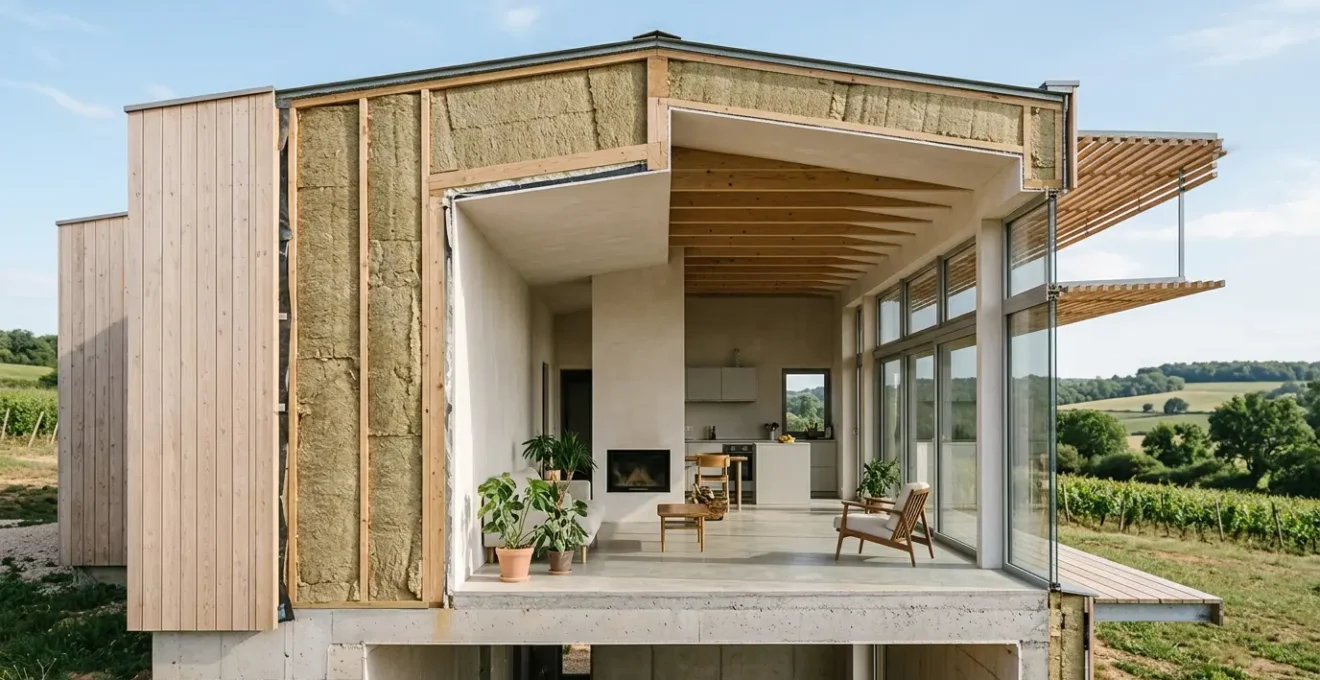 Vue architecturale d'une maison bioclimatique moderne montrant les différentes épaisseurs d'isolation selon les zones climatiques françaises