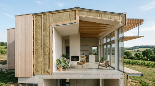 Vue architecturale d'une maison bioclimatique moderne montrant les différentes épaisseurs d'isolation selon les zones climatiques françaises
