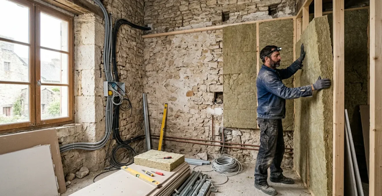 Artisan installant une isolation thermique par l'intérieur avec câbles électriques visibles