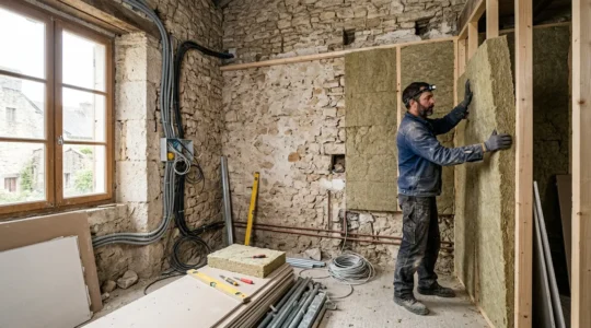 Artisan installant une isolation thermique par l'intérieur avec câbles électriques visibles