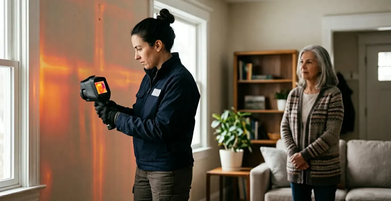 Professionnel réalisant un audit énergétique dans une maison avec caméra thermique