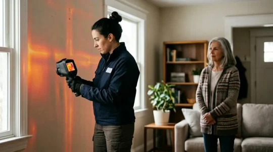 Professionnel réalisant un audit énergétique dans une maison avec caméra thermique