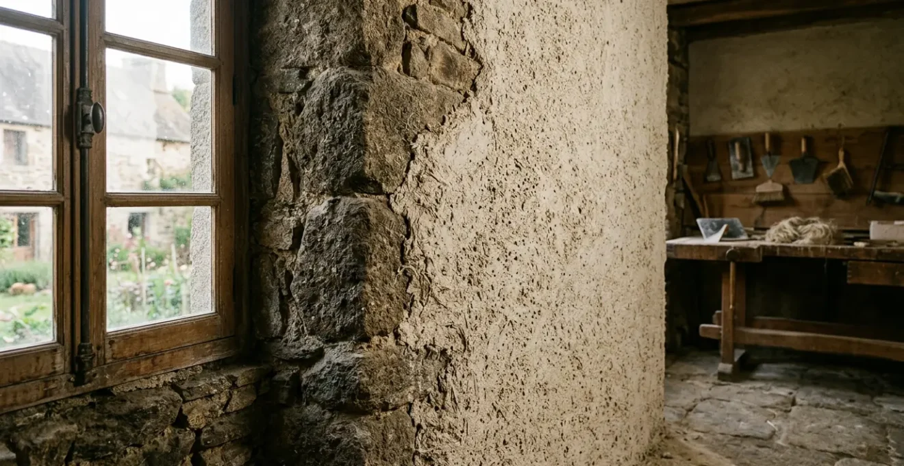 Application du béton de chanvre sur un mur en pierre ancien avec mise en évidence de la texture poreuse et respirante