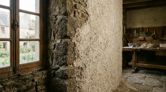 Application du béton de chanvre sur un mur en pierre ancien avec mise en évidence de la texture poreuse et respirante