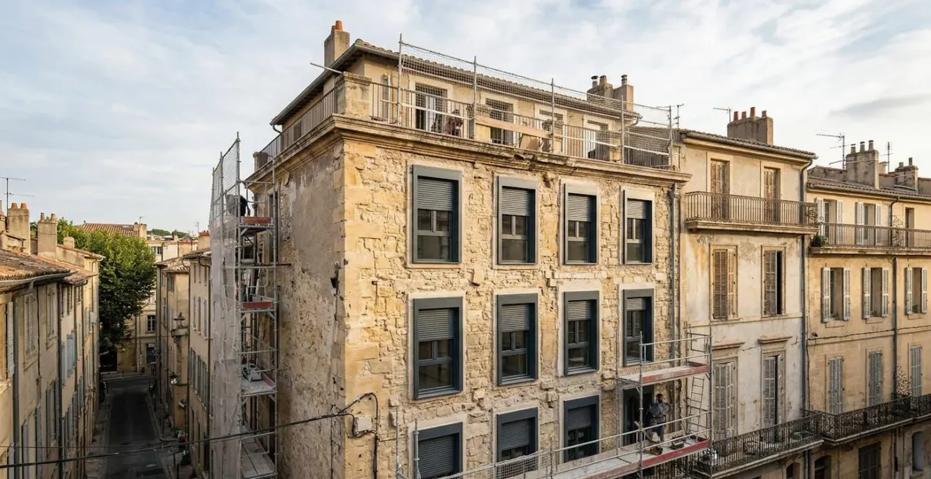 Vue en coupe d'un bloc-baie moderne avec fenêtre et volet roulant intégré dans une rénovation de façade française