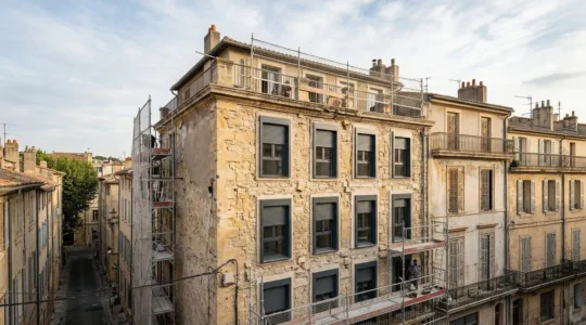 Vue en coupe d'un bloc-baie moderne avec fenêtre et volet roulant intégré dans une rénovation de façade française