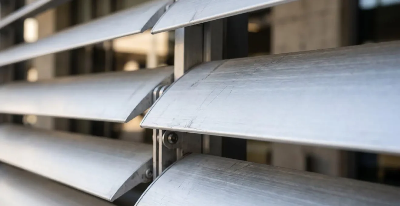 Gros plan sur les lames orientables en aluminium d'un brise-soleil extérieur moderne