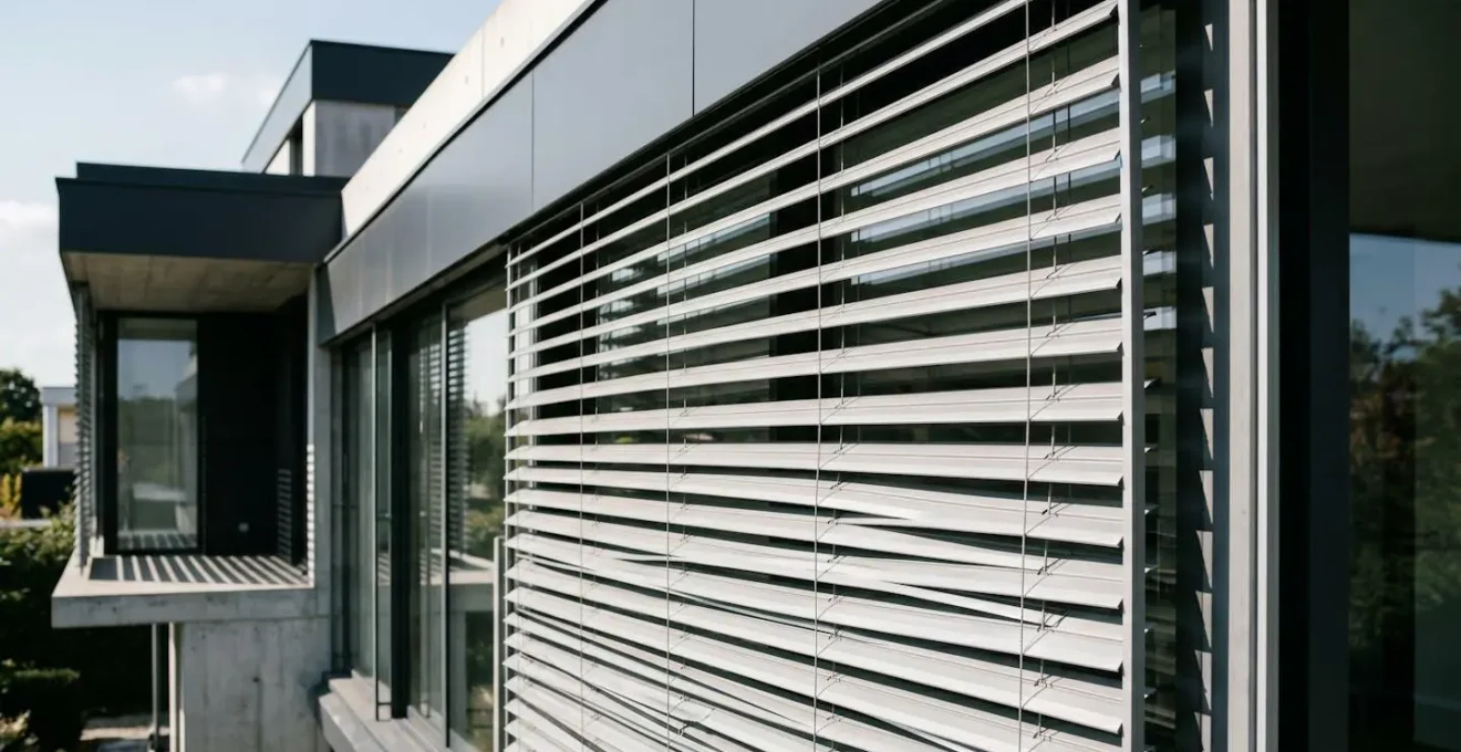 Façade moderne avec brise-soleil orientable en aluminium installé sur grande baie vitrée