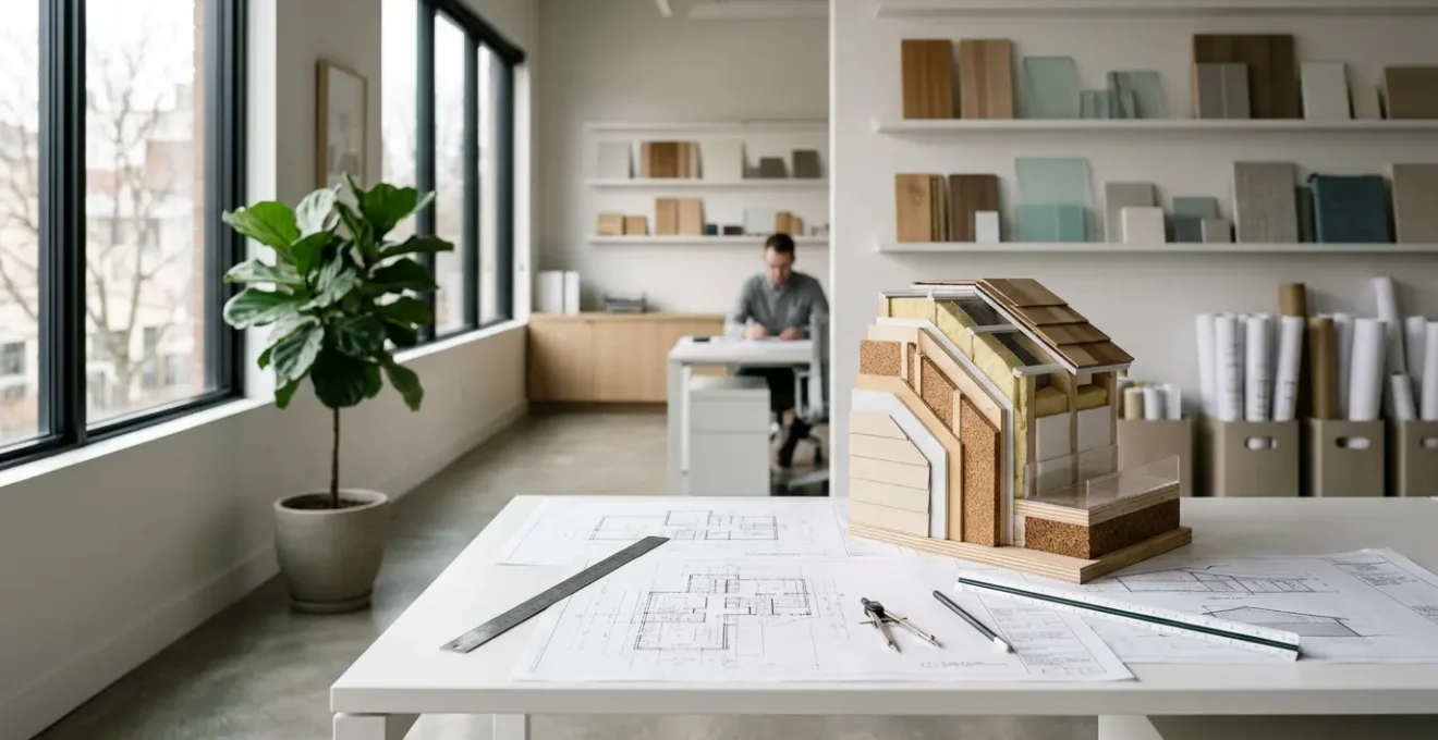 Bureau d'étude thermique avec plans architecturaux et maquette de maison isolée, éclairage naturel par baie vitrée