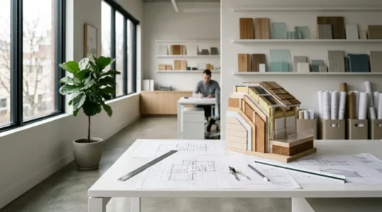 Bureau d'étude thermique avec plans architecturaux et maquette de maison isolée, éclairage naturel par baie vitrée