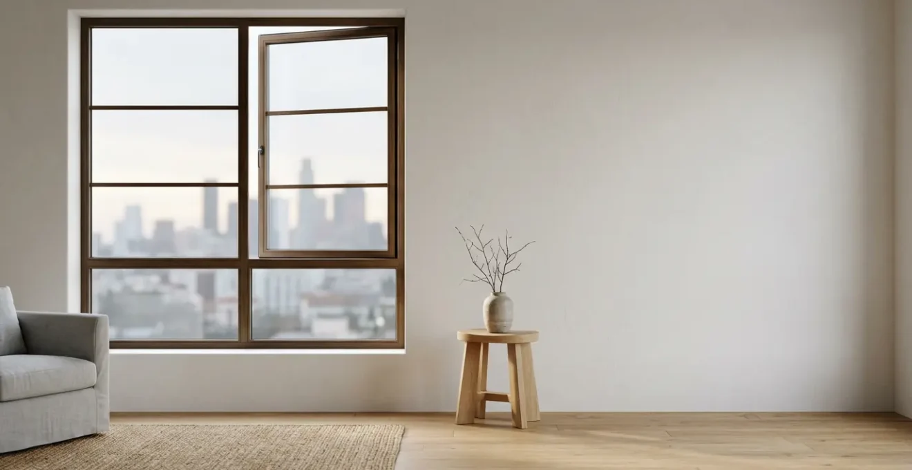 Intérieur paisible avec lumière naturelle filtrant à travers une fenêtre moderne, symbolisant le calme retrouvé grâce à l'isolation acoustique