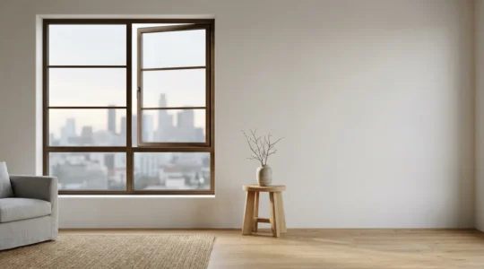 Intérieur paisible avec lumière naturelle filtrant à travers une fenêtre moderne, symbolisant le calme retrouvé grâce à l'isolation acoustique