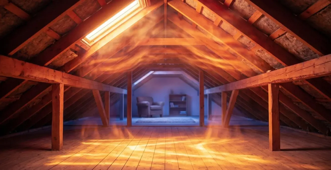 Vue en coupe thermographique montrant le rayonnement de chaleur depuis les tuiles vers l'intérieur des combles