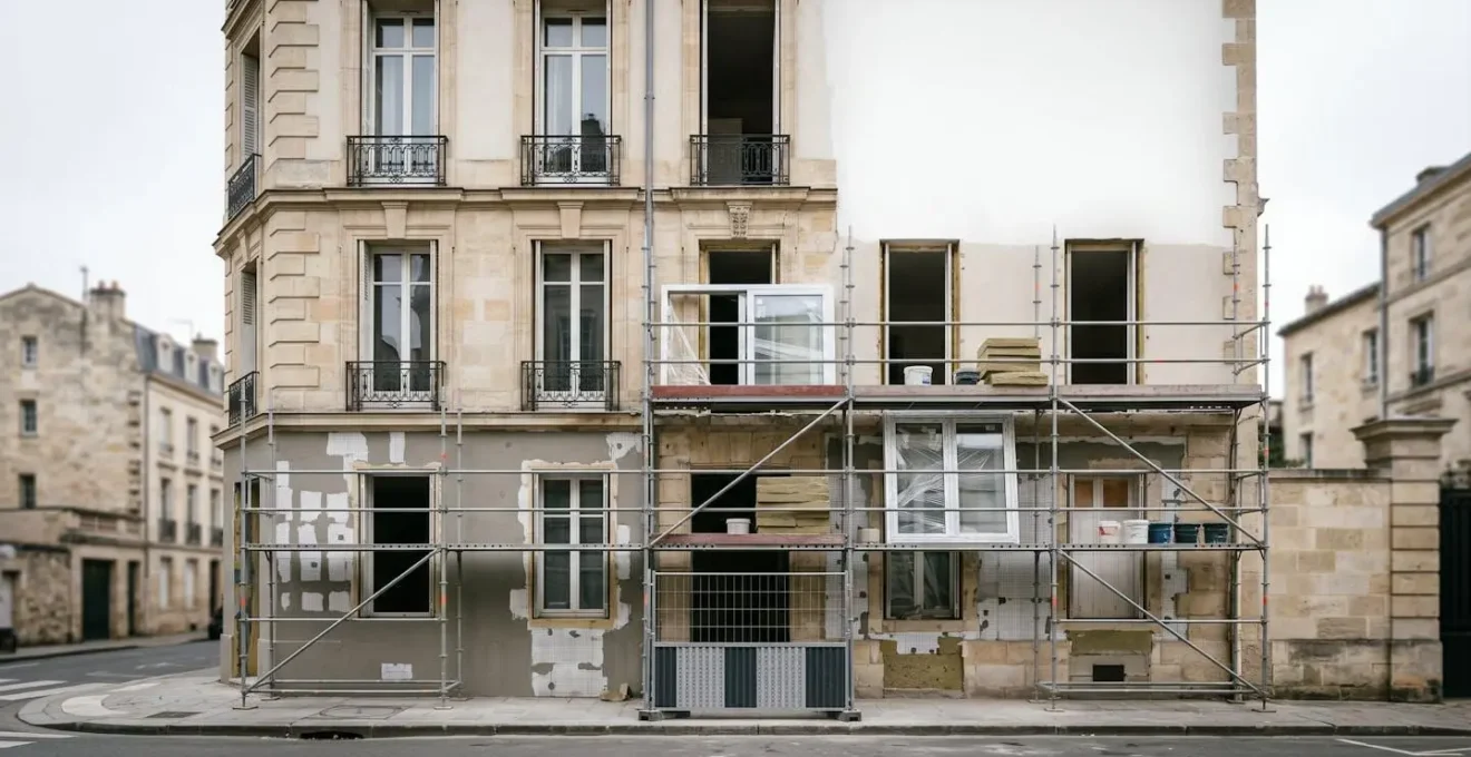 Vue d'ensemble minimaliste d'un chantier de rénovation montrant la coordination entre pose de menuiseries et ravalement de façade