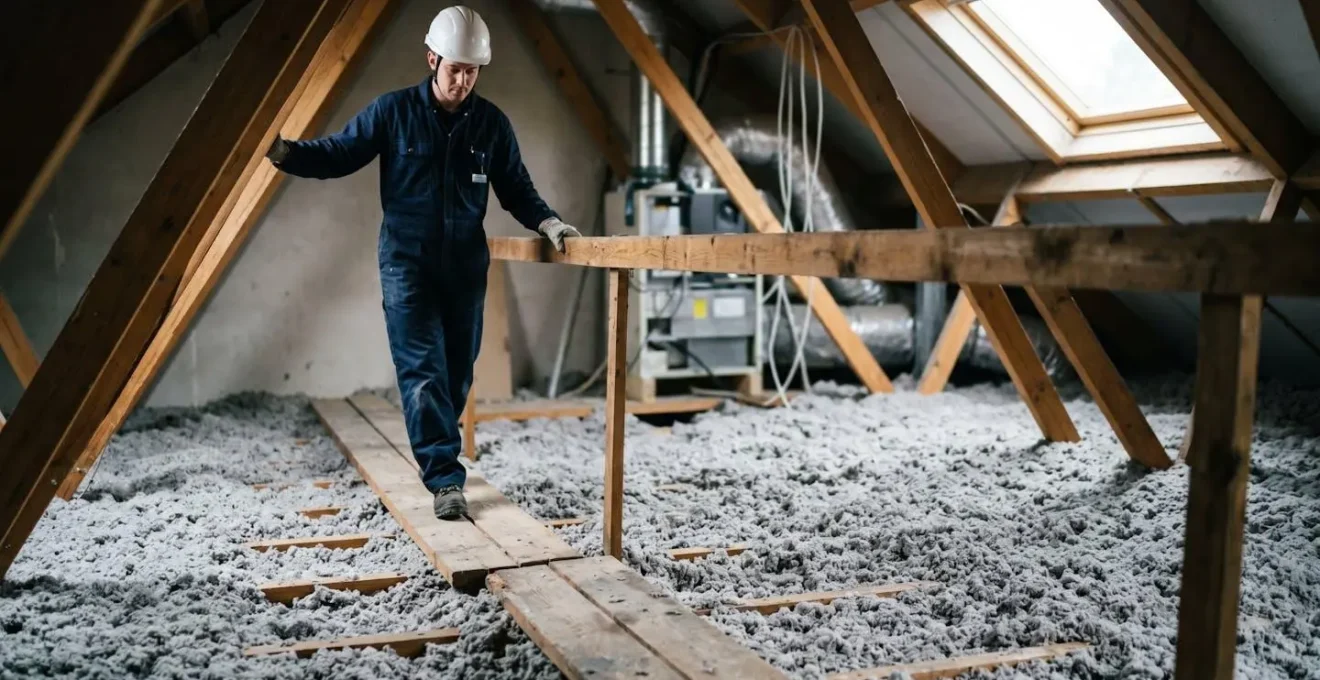 Passerelle technique suspendue au-dessus de la ouate de cellulose dans des combles