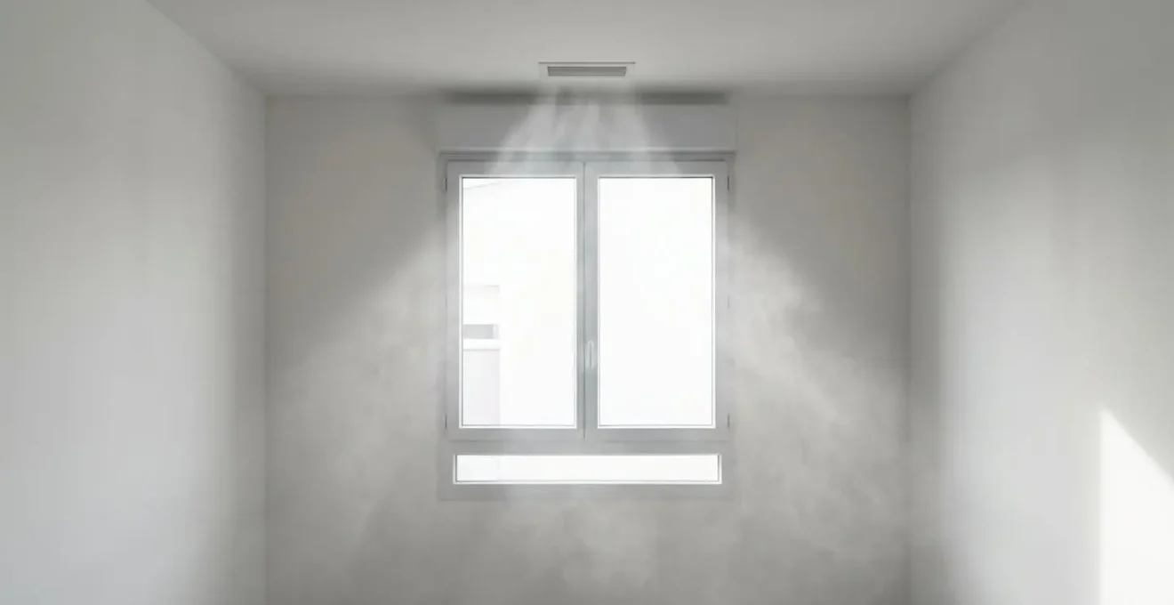 Schéma conceptuel du flux d'air dans un logement avec VMC et entrées d'air visualisé par fumée ou particules en suspension