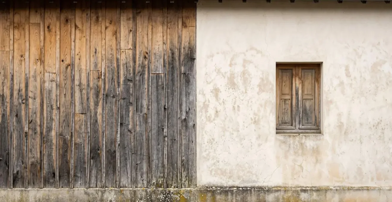 Comparaison visuelle entre bardage bois et enduit sur façade ancienne en zone protégée