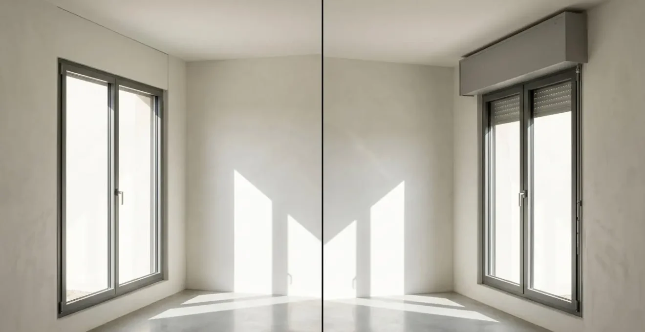 Comparaison visuelle entre un bloc-baie demi-linteau invisible et un coffre intérieur apparent dans un intérieur français