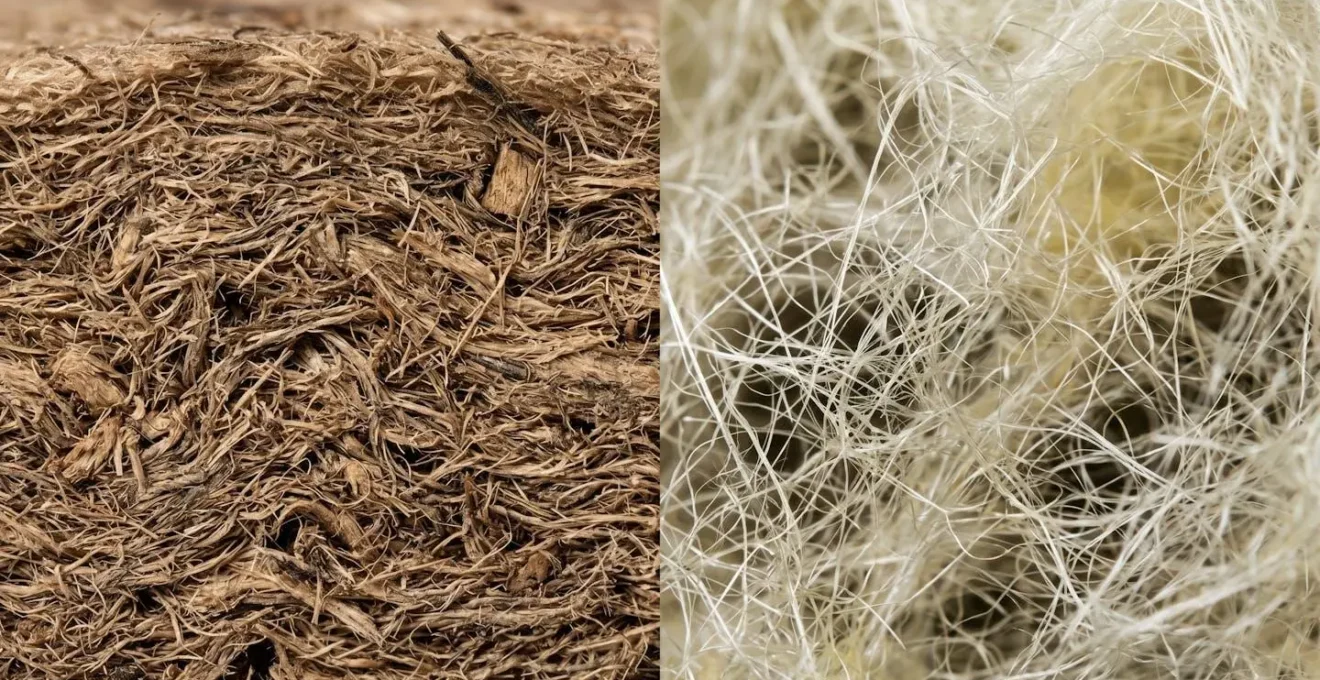 Texture macro comparant la structure fibreuse de la laine de bois et de la laine de verre